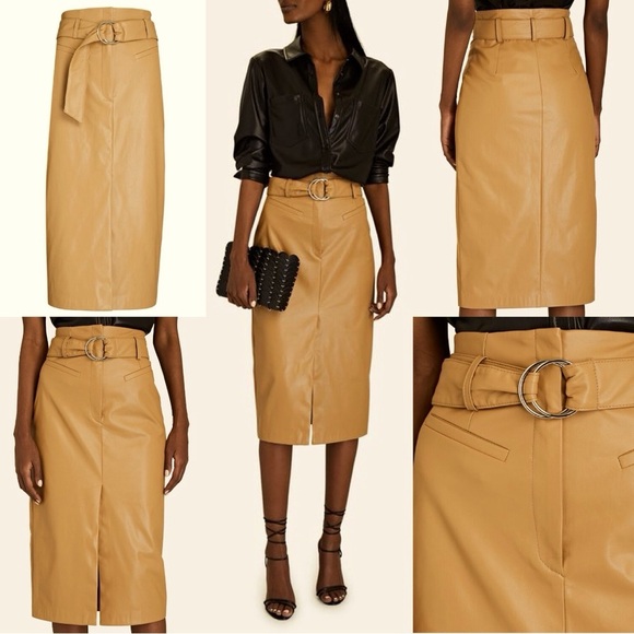 INTERMIX Dresses & Skirts - 076 INTERMIX | EUC Joanna Belted Vegan Tan Leather Midi Skirt (Size 2)